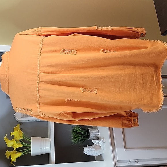 Distressed Button Down Long Sleeve Top Shacket Orange - Picture 6 of 7